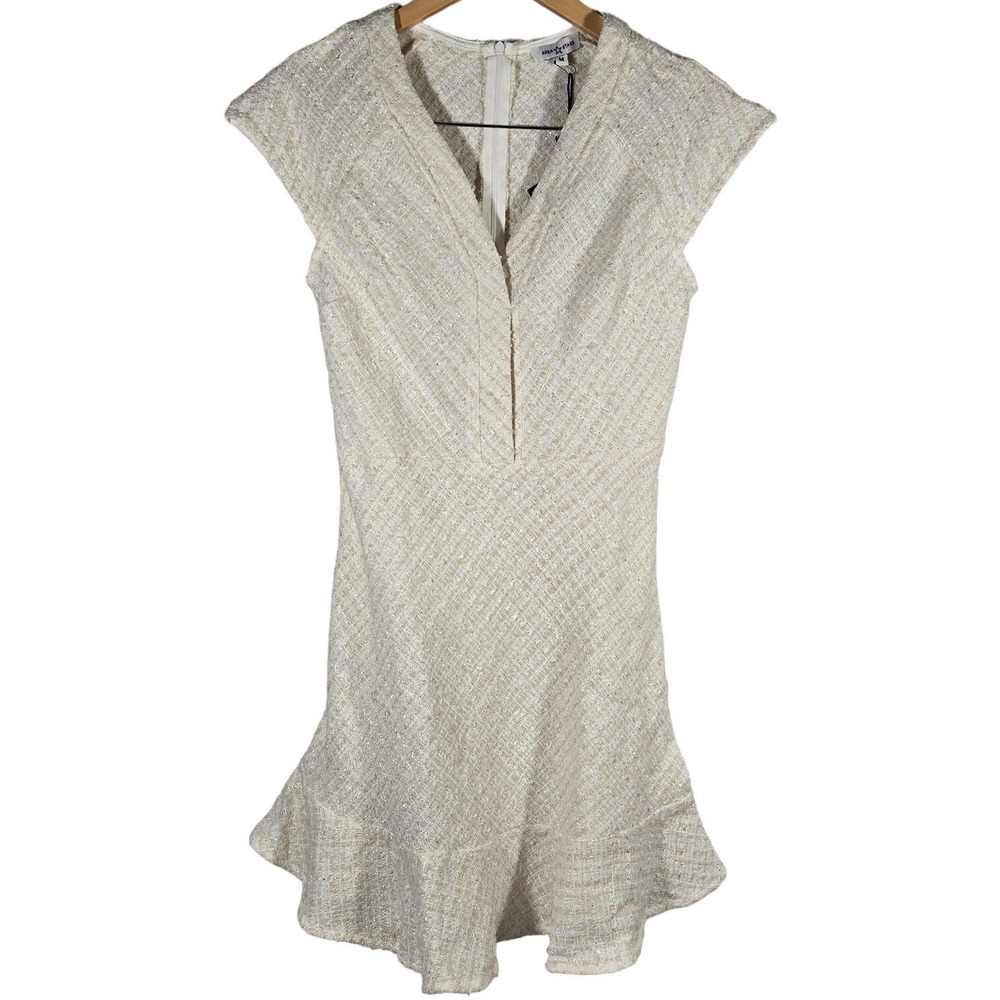 AREA STARS Ivory Cap‎ Sleeve V Neck Boucle Tweed Dress Metallic Accents Size M